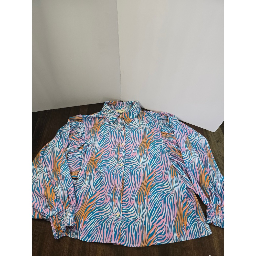 ee:some Womens Multi Color Zebra Print Puff Sleeve Smocked Cuff Blouse Medium